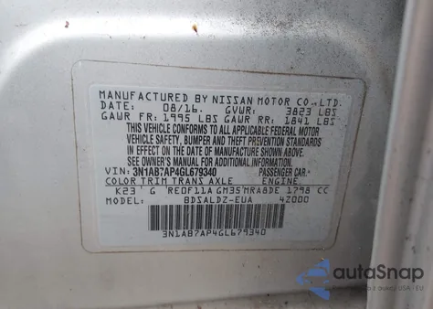 2016 Nissan Sentra Sv z USA, uszkodzony, nr VIN 3N1AB7AP4GL679340